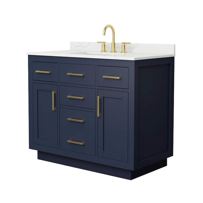Beckett TK 42-inch Single Vanity, 3 Hole Quartz Top - Dark Blue, Gold Trim, Giotto Quartz Top