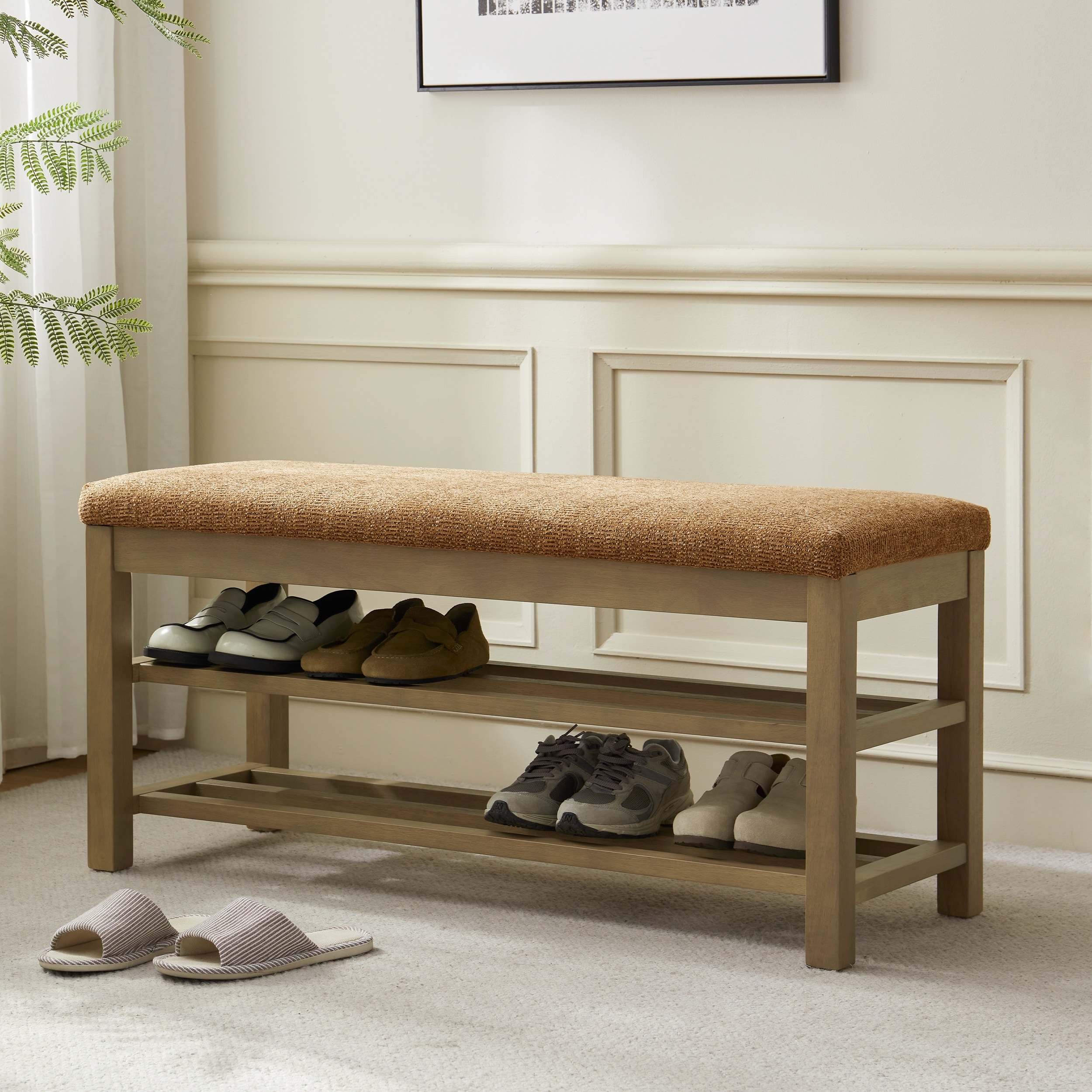 Double-Layer Upholstered Solid Wood Shoe Bench