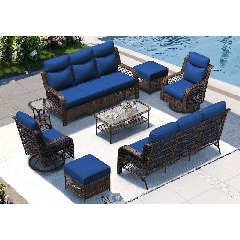 High Back Outdoor Swivel Rocker Patio Chairs Set of 2 with 5-Inch Thick Cushions and Side Table for Porch, Poolside - 8PCS - Swivel Gliders & 3-Seat Sofa