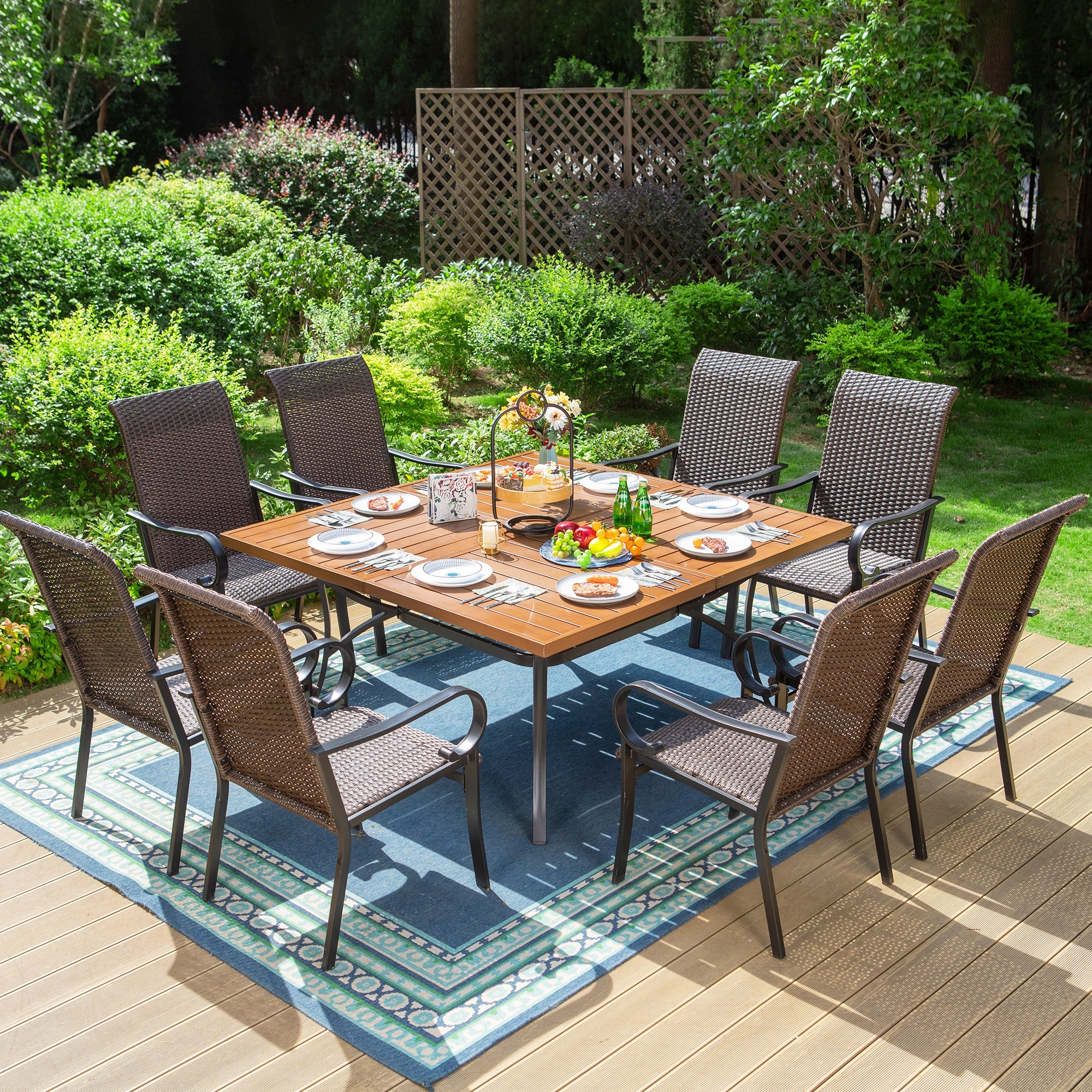 9 Piece Patio Dining Set 60 Inch Square Metal Table and 8 Rattan Dining Chairs Bed Bath Beyond 38260081