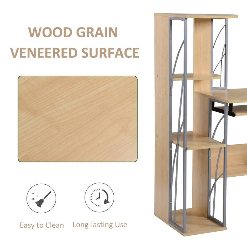 Modern Computer Desk with 4-Tier Bookshelf - Natural