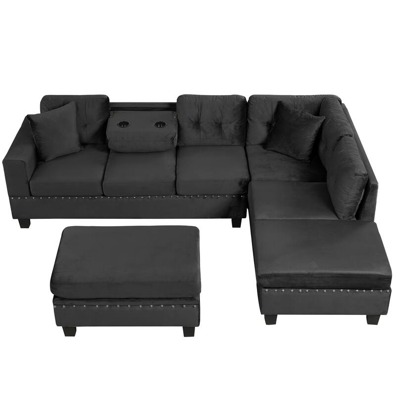 105.1" Velvet L-Shaped Sectional Sofa with Ottoman & Cup Holders