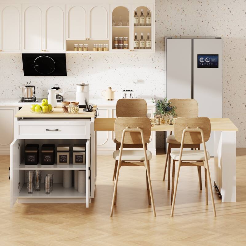 31.5'' Kitchen Island with Extendable Dining Table for 4-6 Person, Power Outlet, Open Shelves and 2 Drawers