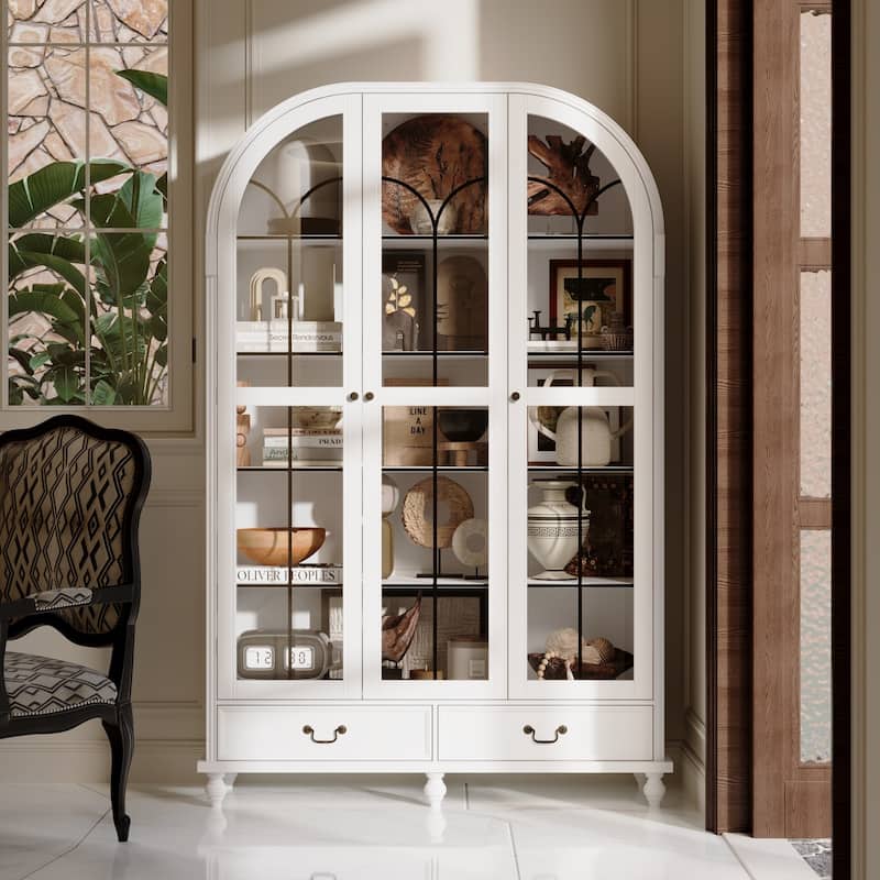 Glass Door Display Cabinet with Storage DrawersBookcase with Wooden Legs