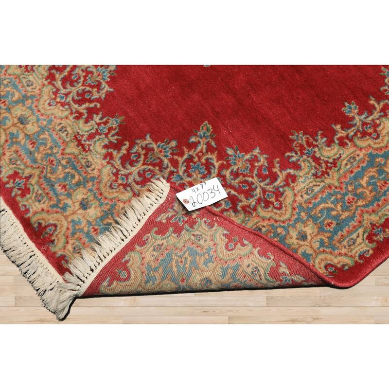 4x7'3'' Hand Knotted Wool Coral Traditional Kerman Medallion Rug - 4' x 7' 3''