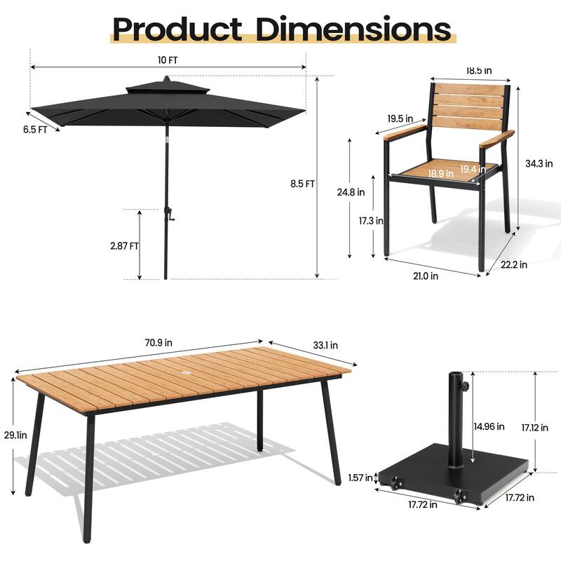 9PC Outdoor Patio Dining Set Aluminum Table with Stackable Armchairs w/ Market Umbrella Set