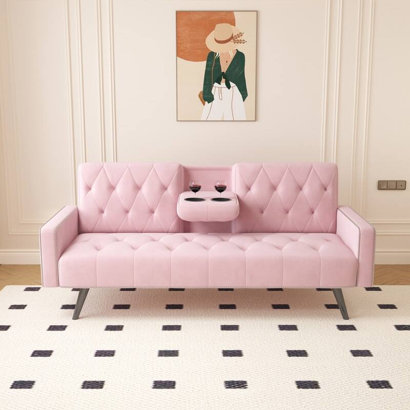 72 inch Velvet Sofa Bed With Two Cup Holders