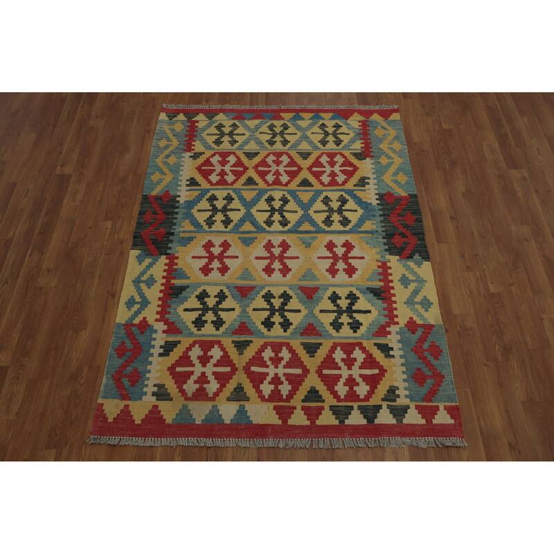 Hand Woven Oriental 100% Wool Carpet Southwestern Tribal Yellow & Gold Kilim Area Rug - 5' 9'' X 4' 2''