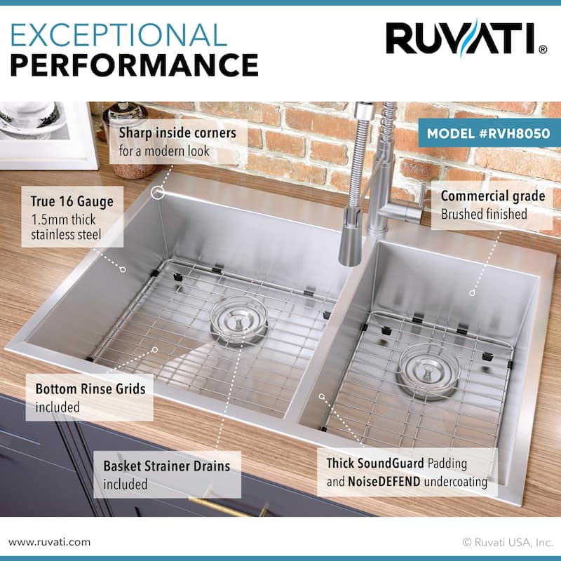 Ruvati 33 x 22 inch Drop-in Topmount 60/40 Double Bowl 16 Gauge Zero Radius Stainless Steel Kitchen Sink -