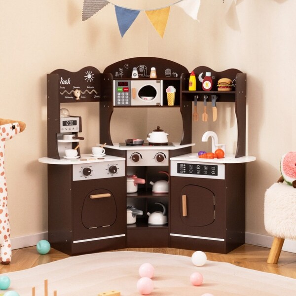 Corner Wooden Play Kitchen with Slide and Coffee Machine for