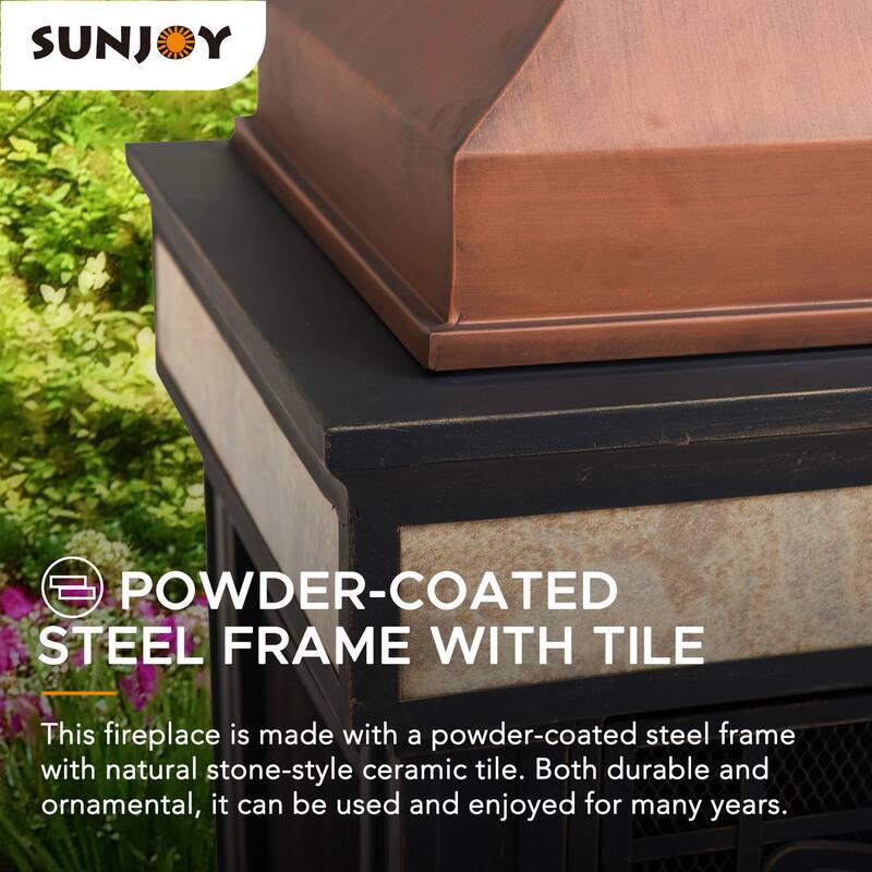 Sunjoy Smith Collection Outdoor Patio Wood Burning Steel Fireplace with Chimney, Spark Screen, Fire Poker, and Removable Grate