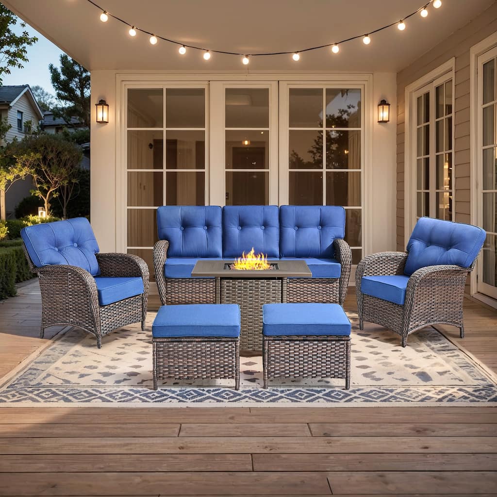 Pocassy Ooutdoor Fire Pit Table with Sofa Patio Chair Ottoman Set