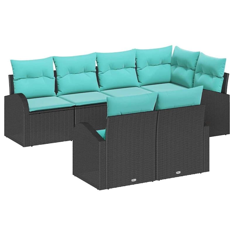 vidaXL 7 Garden Sofa Set with Cushions Black Poly Rattan - 92.1 x 48.8 x 27.2