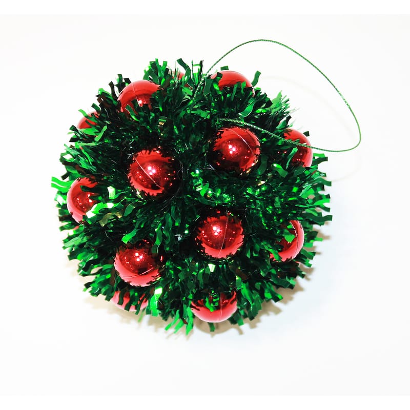 5" Hanging Tinsel Berry Christmas Metalic Ball Ornament, Red/Green, Set of 2 - 5