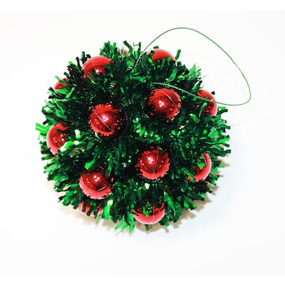 5" Hanging Tinsel Berry Christmas Metalic Ball Ornament, Red/Green, Set of 2 - 5