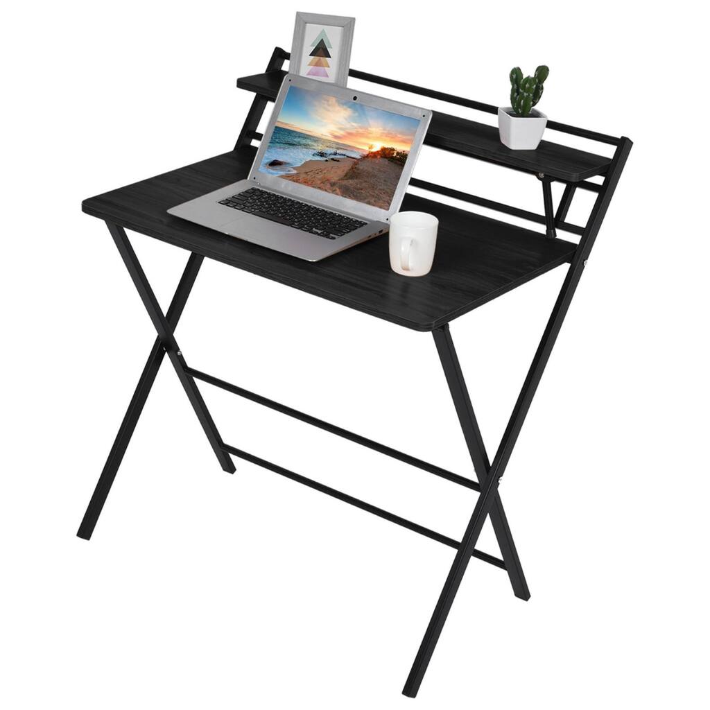 Laptop Writing Table Folding Small Desk Upper Shelf Home Office Small Space Black