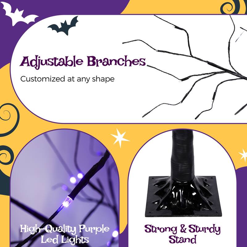 3 Pac Halloween Spooky Tree with Purple Lights, 4FT 5FT and 6FT, Lighted Black Tree for Halloween Decoration