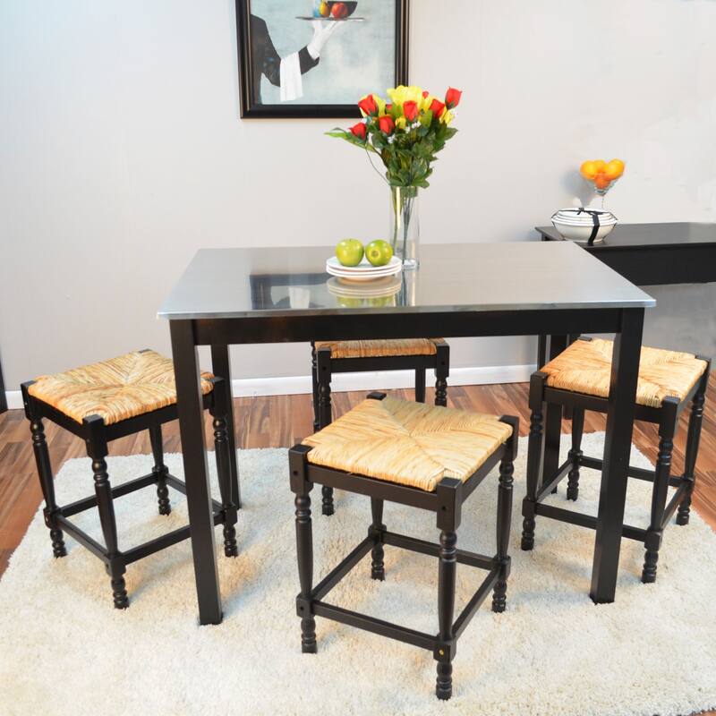 24" Antique Black and Beige Counter Stool with Hand Woven Rush Seat