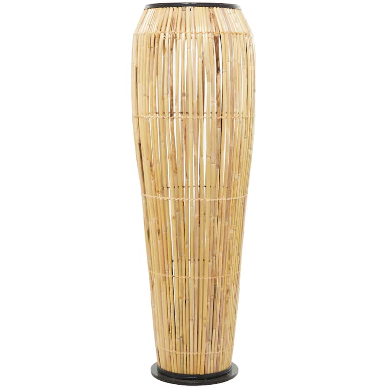 Brown Wicker Wood and Rattan Handmade Slatted Frame Vase with Black Metal Accents