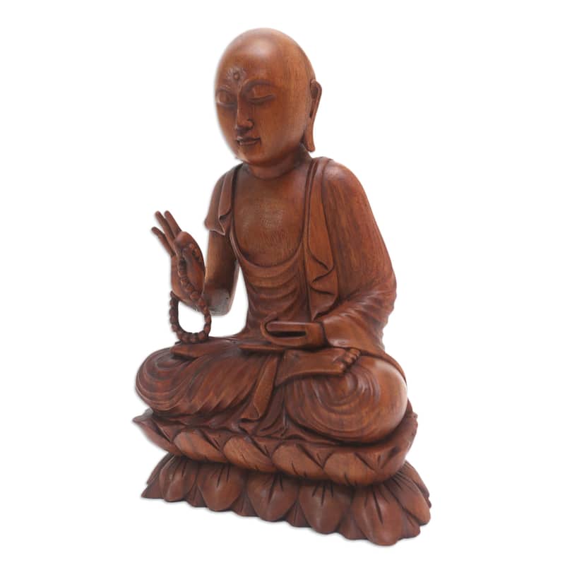 Novica Handmade Praying Buddha Wood Sculpture