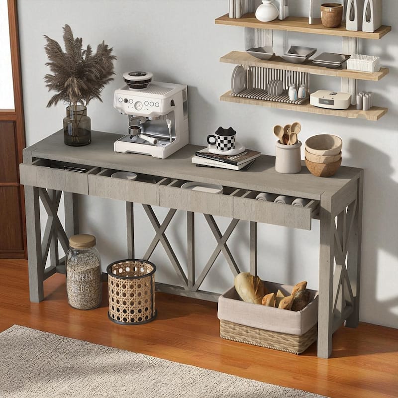 60'' Acacia Veneer Console Table with 4 Drawers and Open Shelf, Farmhouse Entryway Table with Cross Legs