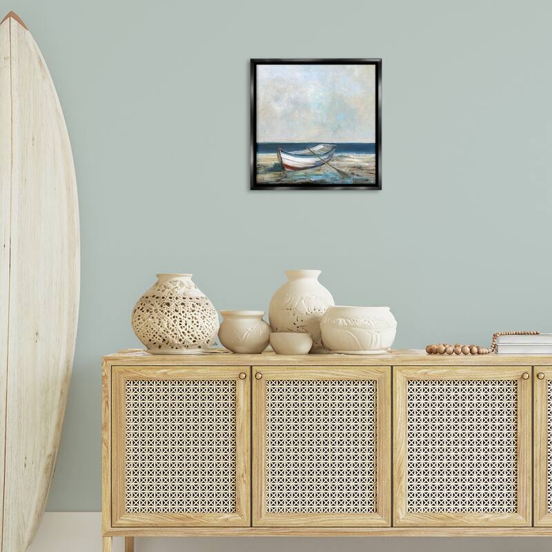 Stupell Boat & Oar on Shore Framed Floater Canvas Wall Art Design By Sally Swatland