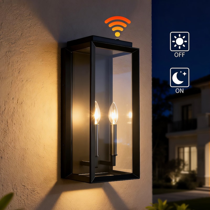 2-Light Matte Black Dusk to Dawn Outdoor Wall Sconce with Clear Glass