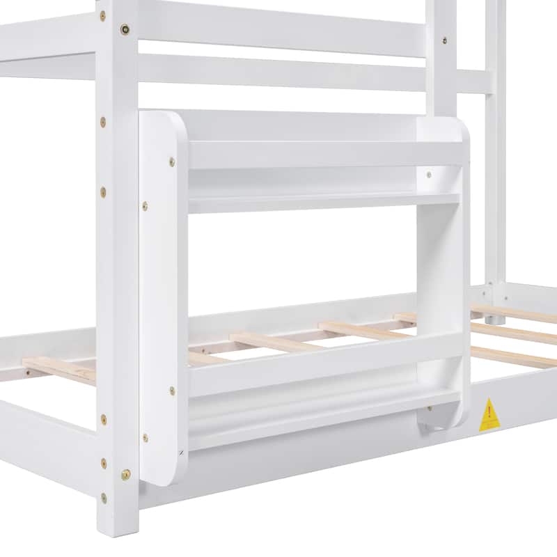 Twin Size Wooden House Floor Bed with Shelf and Roof