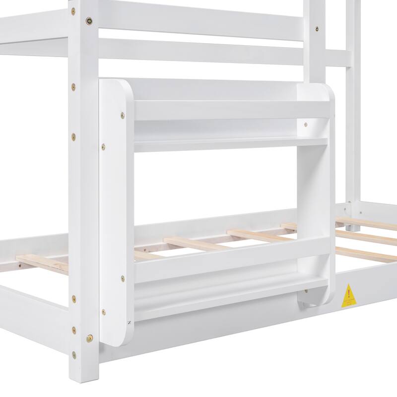 White Twin Size Wooden House Floor Bed with Shelf and Roof