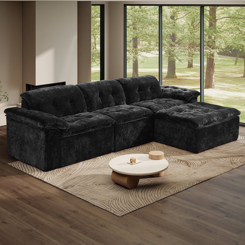 Rossetta L-Shaped Modular Chenille Cushioned Extreme Comfort Sofa with Detachable Backrest and Armrests, 1 Removable Ottoman - Black