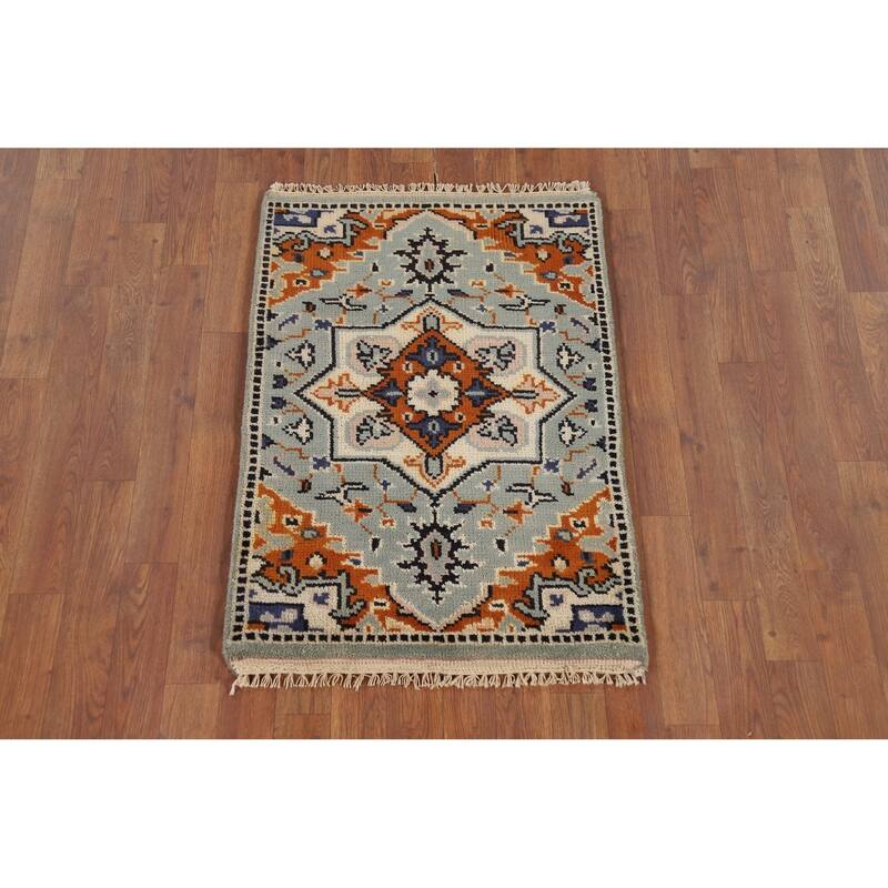 Geometric Kazak Indian Accent Rug Handmade Green Oriental Wool Carpet - 2'0" x 3'0"