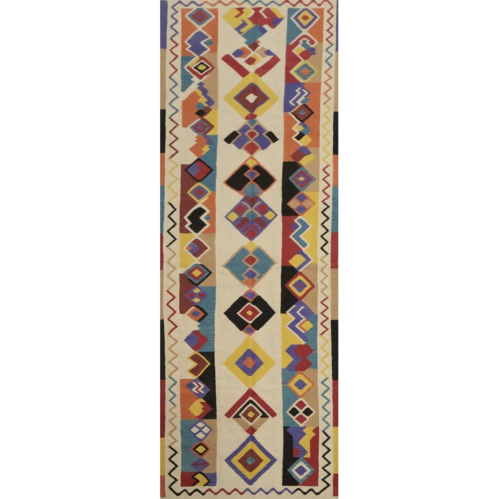 Hand Woven Oriental 100% Wool Carpet Southwestern Modern Beige & Ivories Kilim Runner Rug - 18' 1'' X 5' 5''