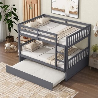 Aesthetic Full Over Full Wood Kids Bunk Bed with Trundle,Guardrail