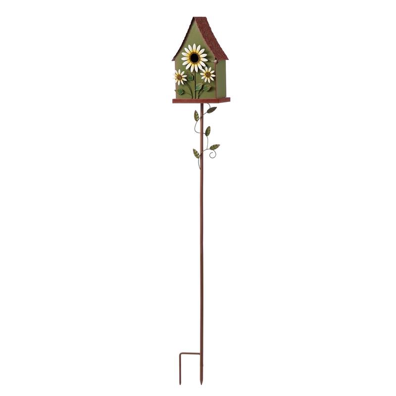 Glitzhome 52.5''H Blue Green Metal Sunflower Decorative Garden Birdhouse with Stake