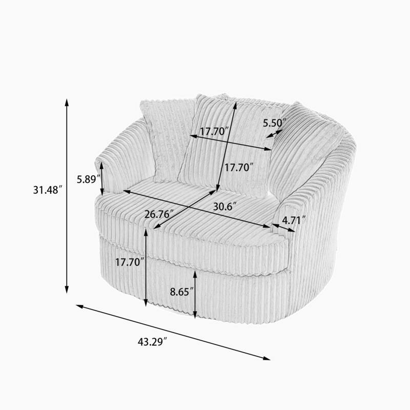 Oversized 43" W Plush Corduroy Swivel Barrel Chair with Pillows