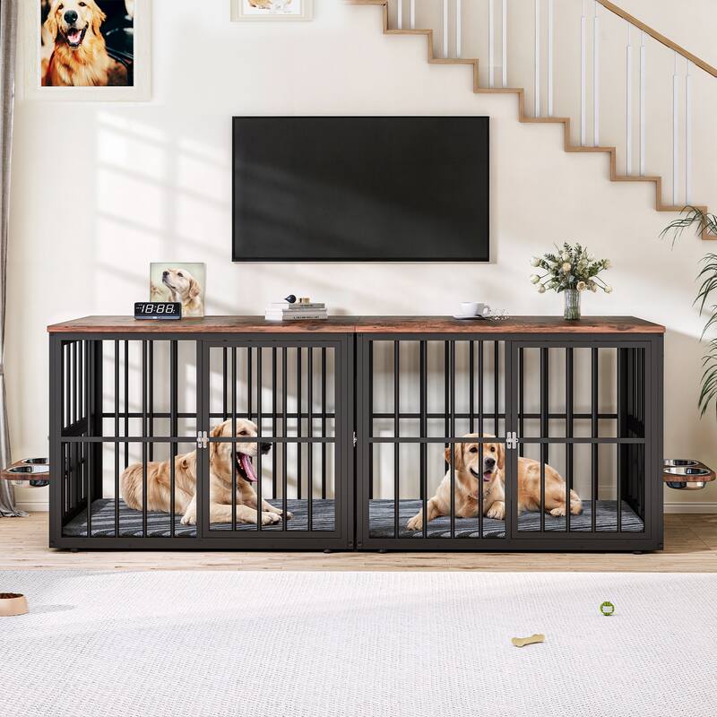 Double Dog Crate Furniture, TV Stand with Removable Divider and Feeding Bowls - 43.3"W 2PCS - Rustic