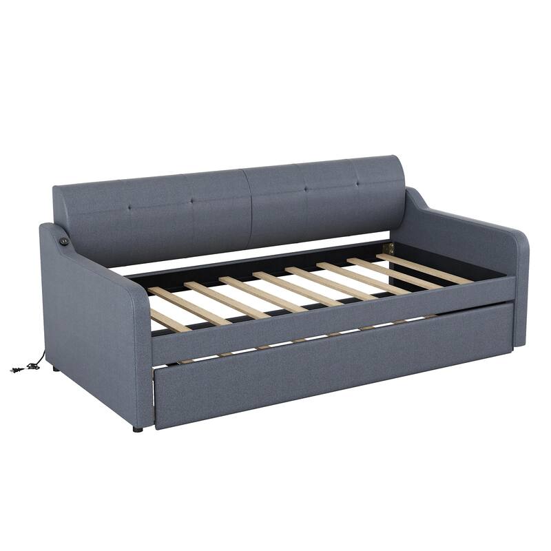 Twin Size Upholstery DayBed with Trundle and USB Charging Design,Trundle can be flat or erected