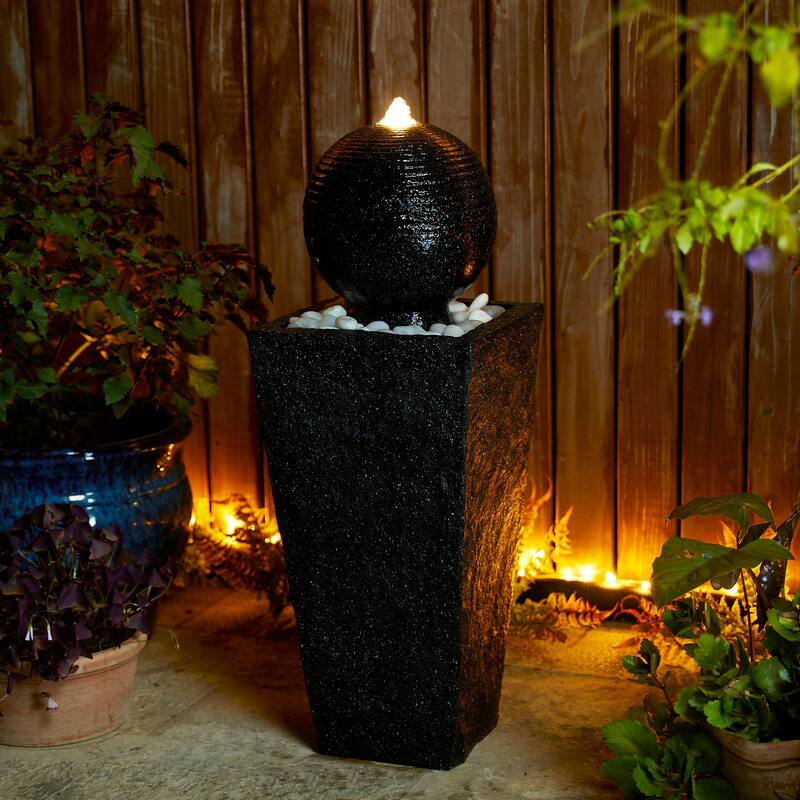Demta Floating Pedestal Sphere Polyresin LED Garden Fountain with Pebbles by Havenside Home - Black - 32-INCH