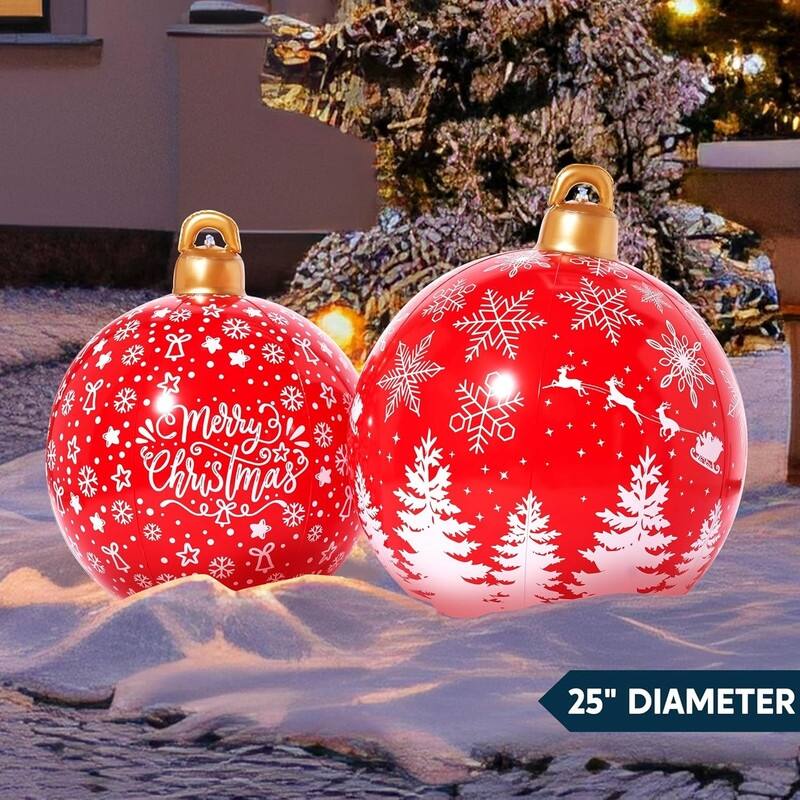 2 Pcs Giant Inflatable Christmas Balls, 25 Inch Red Ornaments with Christmas Patterns