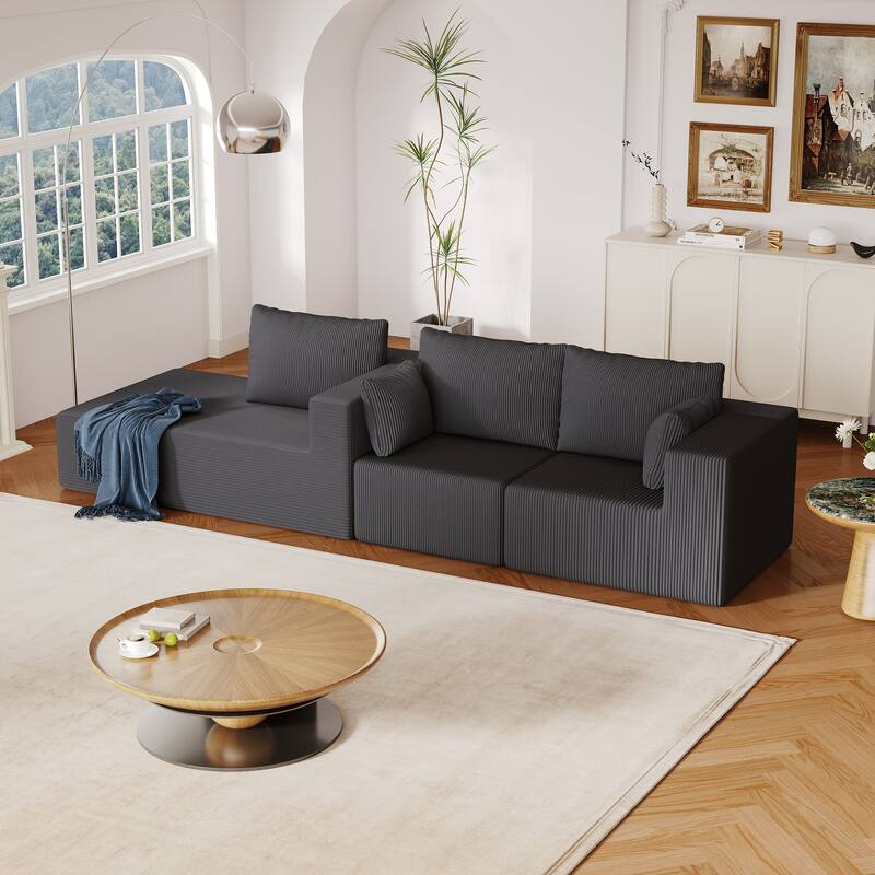 L Shaped Sectional Foam Sofa, Upholstered Corduroy Fabric Sofa, Modular Cloud Couch with Chaise Lounge & Removable Covers