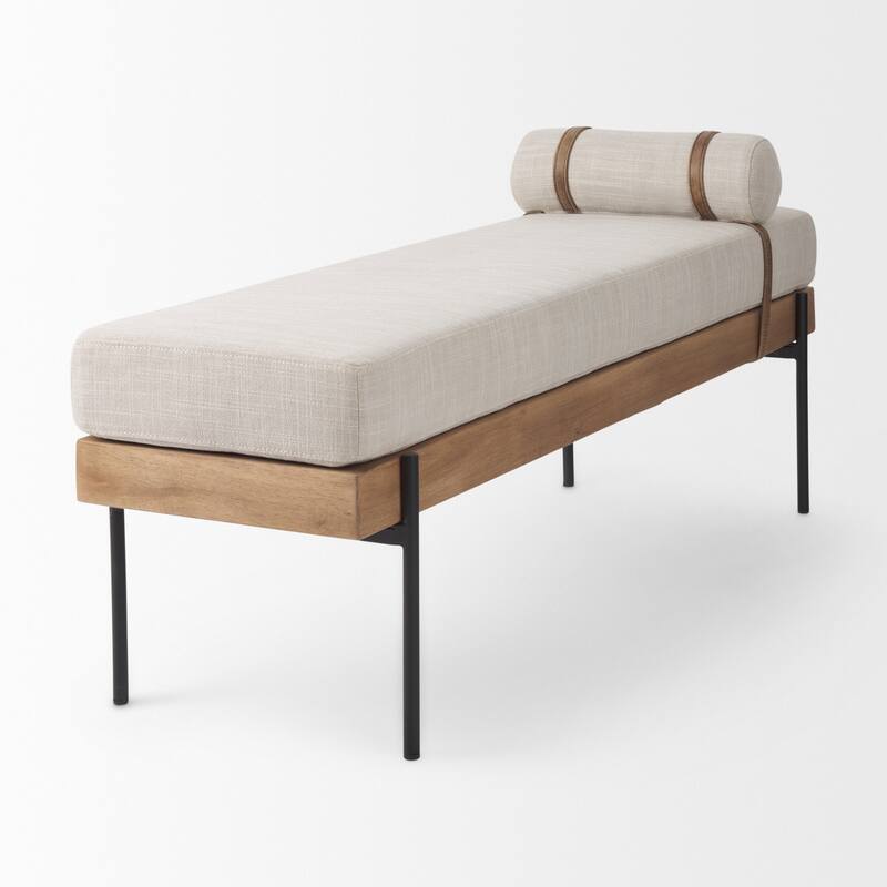 Colburne Cream Fabric Seat With Medium Brown Solid Wood Frame Accent Bench - 55.1"W x 16.1"D x 13.4"H