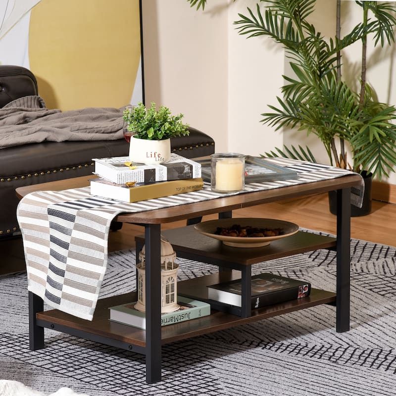 Vintage Indoor Coffee Table with Wood Grain Top Black Metal Frame Large Storage Shelves for Living Room Bedroom Study