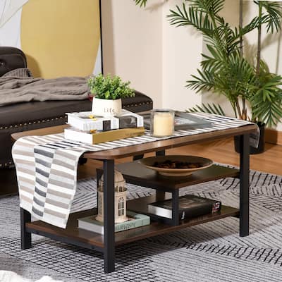 Vintage Indoor Coffee Table with Wood Grain Top Black Metal Frame Large Storage Shelves for Living Room Bedroom Study