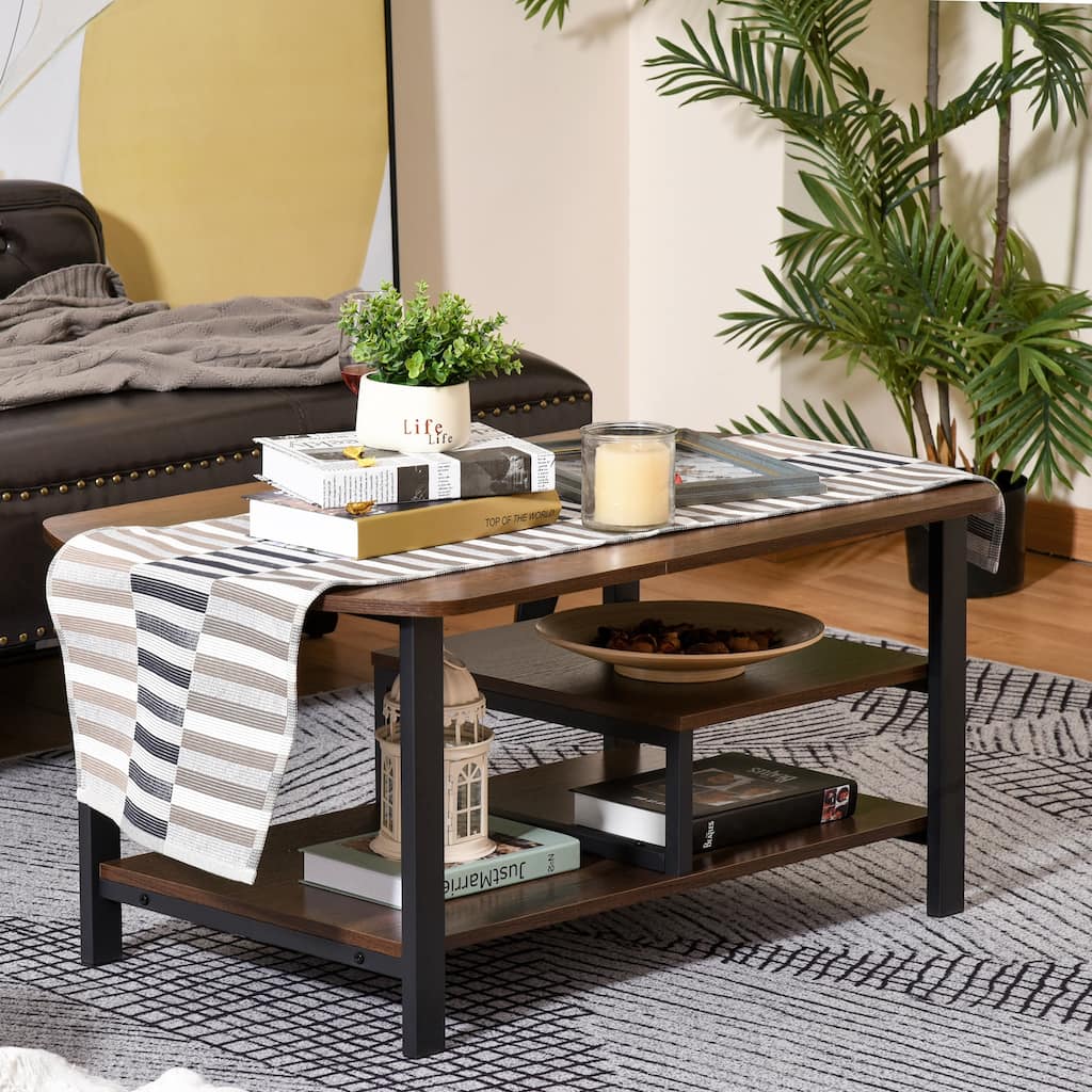 Vintage Indoor Coffee Table with Wood Grain Top Black Metal Frame Large Storage Shelves for Living Room Bedroom Study