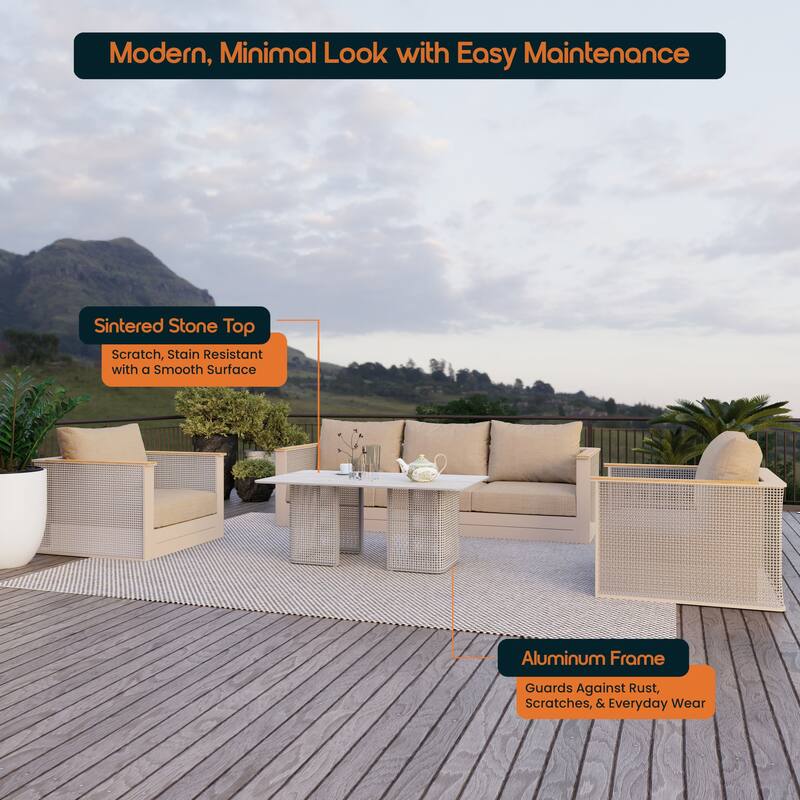 Arvin 4-Piece Outdoor Patio Conversation Set in Aluminum with Olefin Fabric Cushions Sintered Stone Rectangular Coffee Table