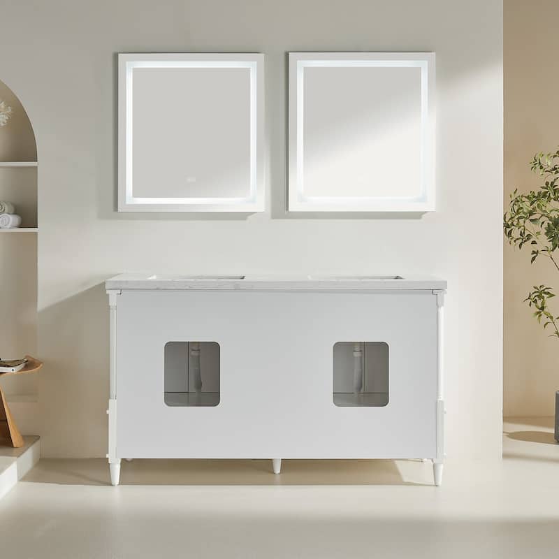 60 inch Plywood Freestanding Bathroom Vanity Set in White with Undermount Ceramic Sink