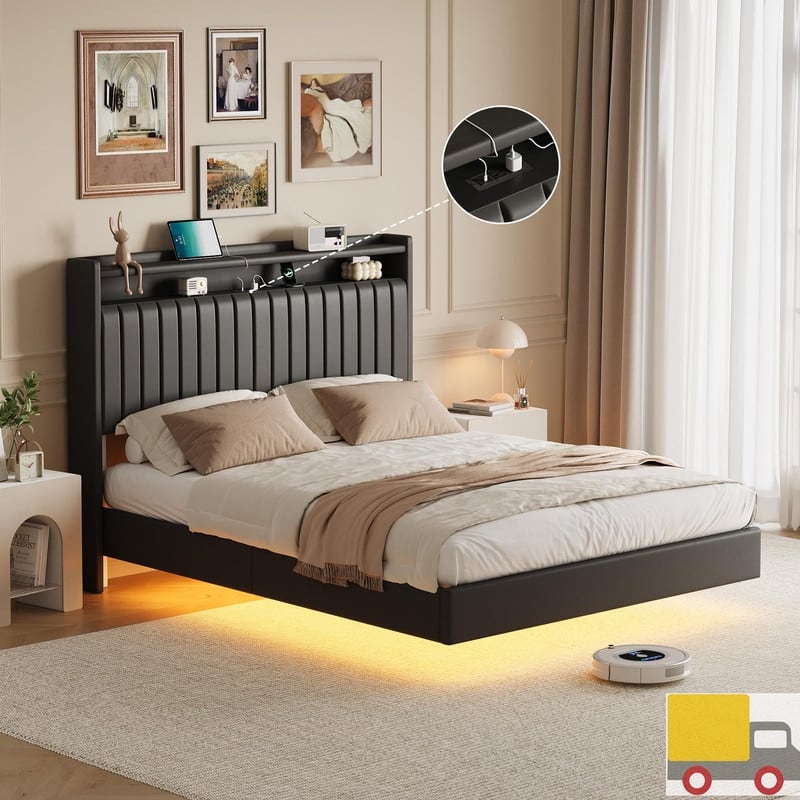 Platform Bed Frame with RGB LED Lights, Charging Station