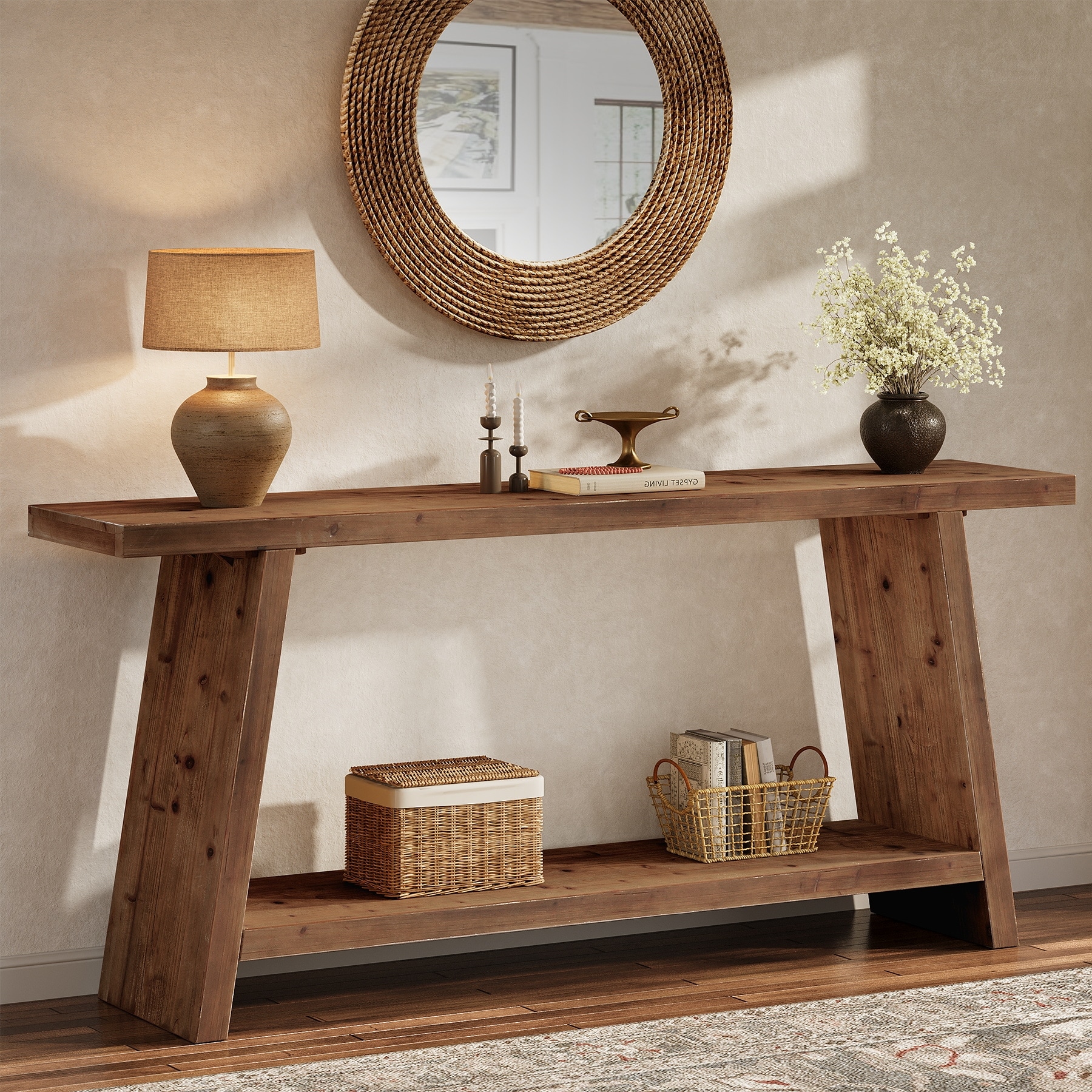 70.9" Solid Wood Console Table 2-tier Narrow Long Sofa Table