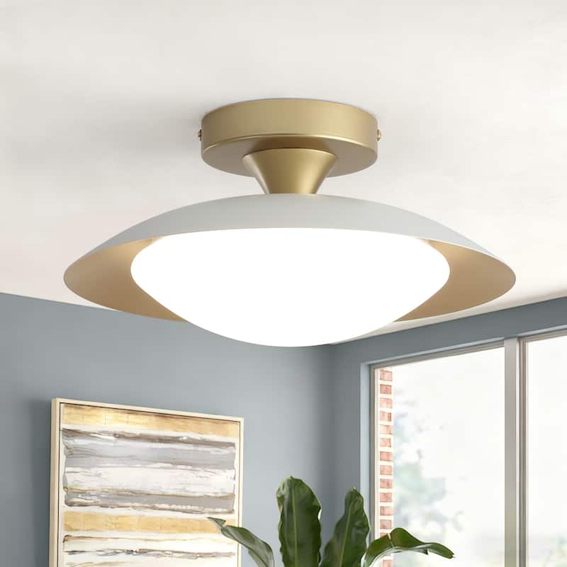11.8-in W LED Compatible Mid-Century Modern Semi Flush Mount Ceiling Light - 1 Pack - White + Gold
