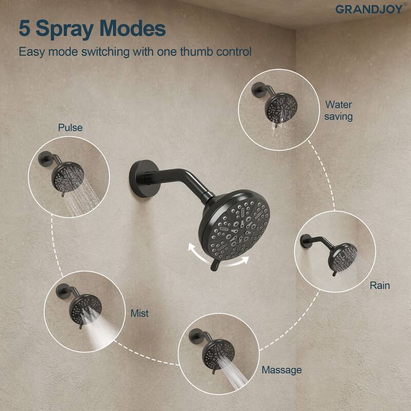 GRANDJOY 2-Function Shower System 5" High Pressure Shower Head and Tub Spout with Valve